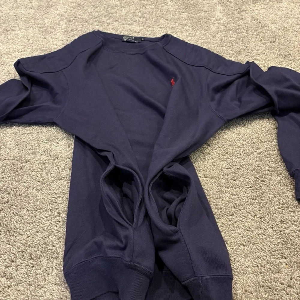 VINTAGE USA POLO Ralph Lauren Navy Crewneck Sweatshirt Pockets Shoulder Pad SZ L